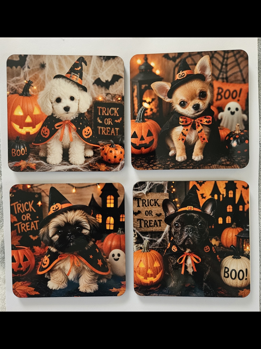 Hand Crafted Halloween Puppy Coasters - Orange, Black, White